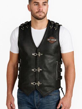 Men's Cowhide Leather Heavy Buckled Braid Rocker Biker Vest Motorcycle Waistcoat